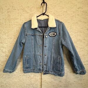 Pacsun PS Kids Denim Button Up Jacket Sz XL Sherpa Collar Peace Patch Fleece